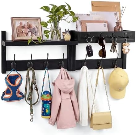 29" Wall Coat Rack with Shelf & Mail Organizer, Entryway Black by LIONUNCLE