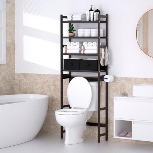 Cozivolife Over The Toilet Bamboo Storage Rack: 4-Tier & 2 Baskets (Brown) - Image 2