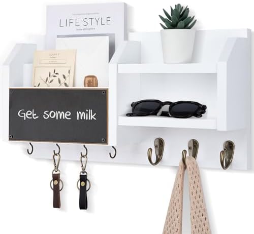 Lwenki Mail and Key Holder – Wall Mount Key Hanger with Shelf and 7 Metal Hooks – Decorative Natural Paulownia Wood Entryway Organizer with Mounting Hardware (16.5”W x 8.7”H x 3.5”D) (White) by Lwenki