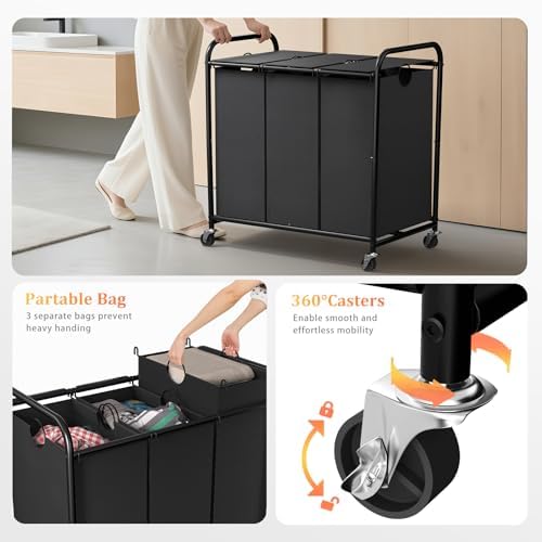 180L Laundry Sorter 3 Section, Rolling Laundry Basket with Wheels and Lid - Image 3