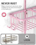 Adjustable Shower Caddy Hanging for Handheld Showerheads - Never Rust Shower Hanging Organizer, Upgraded Bathroom Shower Rack with Soap Basket, Hooks and Toothbrush Holder (Pink) - Image 6