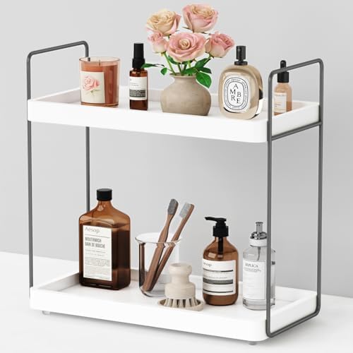Forbena White Bathroom Organizer Countertop, Kitchen Counter Shelf Organizer for Coffee Bar Station, Makeup Vanity Organizers and Storage, Tiered Sink Tray for Perfurm Skincare (White and Grey) by Forbena