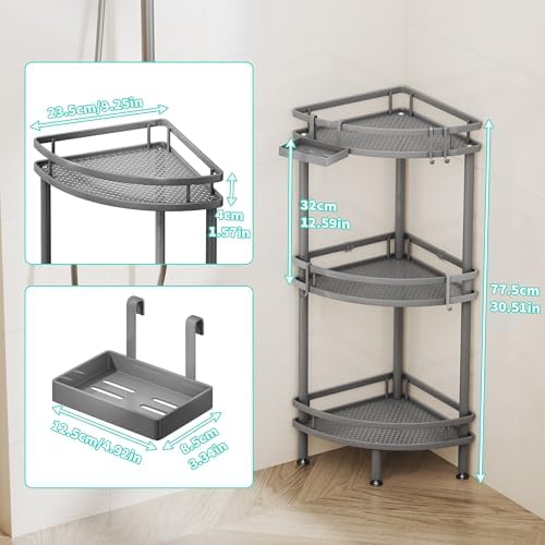 HapiRm Standing Corner Shower Caddy - 3 Tier Shower Organizer Corner with Soap Holder and 4 Hooks, Rustproof Bathroom Storage Shelves with Adhesives, Grey - Image 5