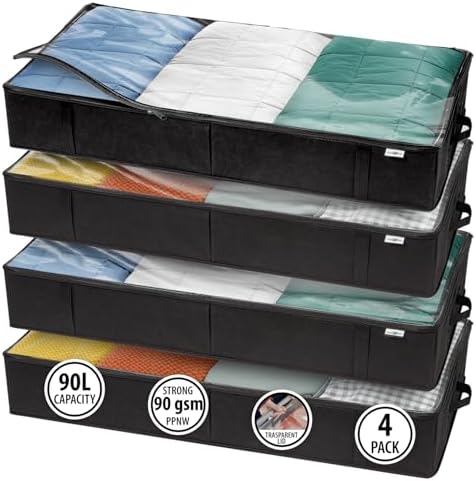 StorageExpert Under Bed Storage Containers, Closet Organizer, Black, 4 Pack | Under Bed Storage, Foldable Fabric, Large Capacity, Dustproof, Clothes Storage, Blanket Storage, Toy Organizer, Space Saving by StorageExpert