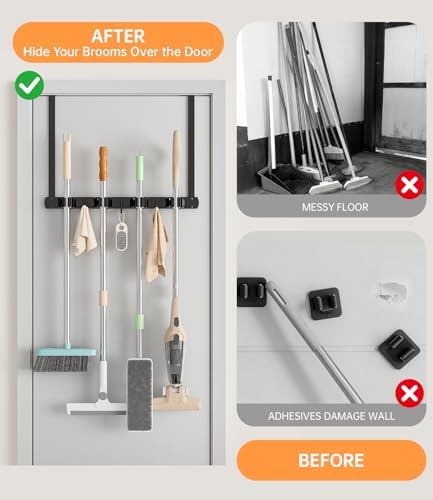Broom Holder Over The Door with Hooks -304 Stainless Steel (Black) - Image 2