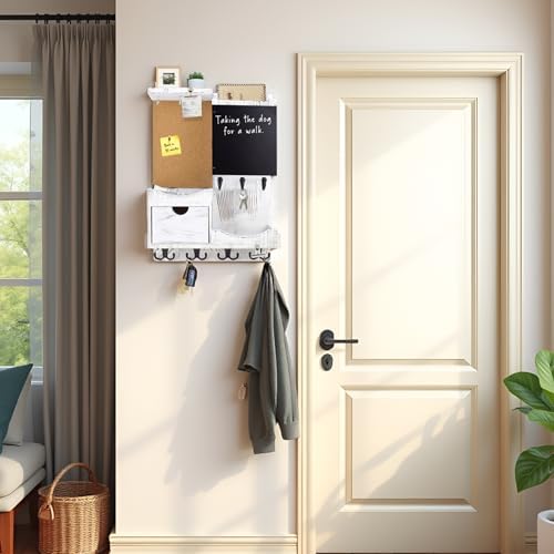 Key Holder Wall Mount with Drawer and Mail Organizer, Whitewashed - Image 3