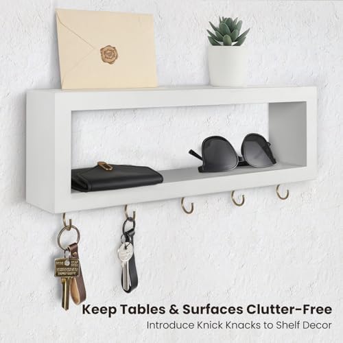 Lwenki Wall Shelf with Hooks - Decorative Key and Wallet Holder for Wall Holds Sunglasses, Leashes, Scarves and Lanyards - 15.7" x 5.1" x 2.9" Entryway Organizer Made of Paulownia Wood (White) - Image 6