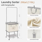 STORAGE MANIAC Rolling Laundry Cart with Hanging Bar & Storage Shelf, 110L Heavy Duty Large Laundry Basket with Clothes Hanging Rod, Study Clothes Hamper with Lockable Wheels, Beige - Image 4