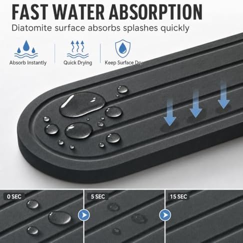 Razborci 2PCS Water Absorbing Stone Drying Tray Mat for Bathroom Sink & Kitchen Counter Faucet Organizer Decor, Quick Dry Dish Soap Dispenser Sponge Holder, Vanity Caddy Coaster,Dark Gray -10"*3.8" - Image 3