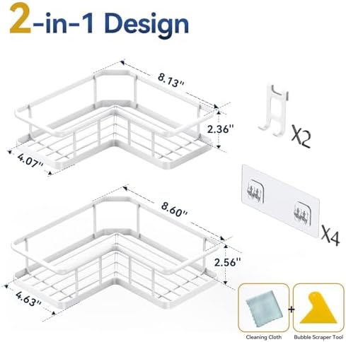 YASONIC Corner Shower Caddy Adhesive, 100% Rustproof Shower Organizer, No Drill Shower Shelf for Inside Shower, Wall-Mounted Shower Storage for Homes (2 Pack, White) - Image 2