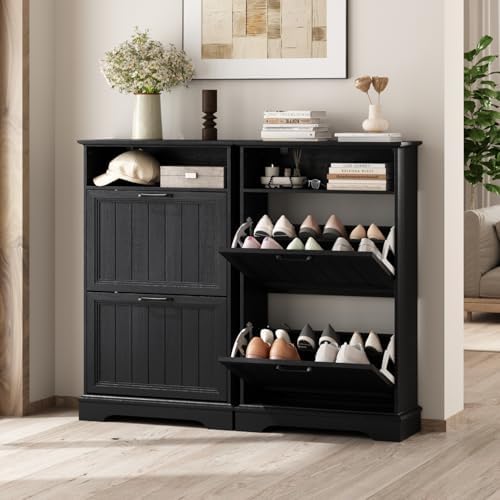 24" W Hidden Shoe Storage Cabinet with 2 Flip Drawers & Open Storage - Image 6