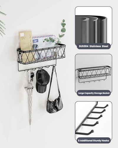 Key Holder Wall Mount Adhesive- Key and Mail Holder for Wall with 5 Hooks, Wall Mounted Mail Organizer and Key Rack, Modern Basket Key Hanger for Entryway, Home, Living Room Wall Decor, Black - Image 4