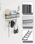 Key Holder Wall Mount Adhesive- Key and Mail Holder for Wall with 5 Hooks, Wall Mounted Mail Organizer and Key Rack, Modern Basket Key Hanger for Entryway, Home, Living Room Wall Decor, Black - Image 4
