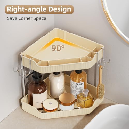 VITVITI 2 Tier Corner Bathroom Counter Organizer, Bathroom Countertop Organizer Storage for Sink, Plastic Makeup Organizer for Vanity Countertop Kitchen with Hooks, Cream White - Image 5