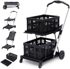 2-Tier Collapsible Office Utility Cart with Wheels – Heavy Duty Folding Mobile Trolley for Multi-Purpose Storage – Black – 2 Cargo Boxes - Image 5