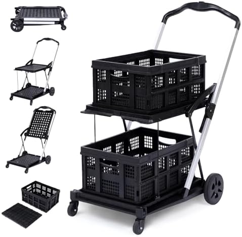 2-Tier Collapsible Office Utility Cart with Wheels – Heavy Duty Folding Mobile Trolley for Multi-Purpose Storage – Black – 2 Cargo Boxes - Image 5