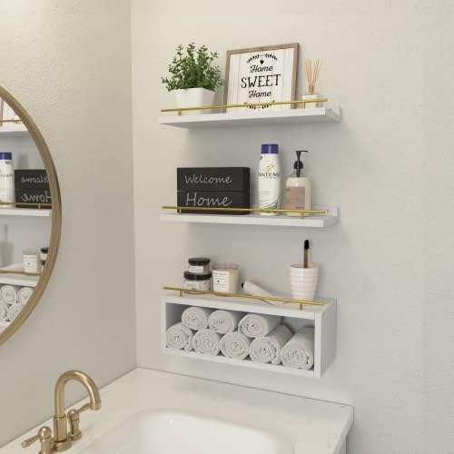 WOPITUES Floating Shelves for Wall with Cube Shelf, Wall Shelves with Metal Rail for Decor, Bathroom Organizers and Storage, Over Toilet Shelves for Bathroom, Toilet Paper-White&Gold - Image 2