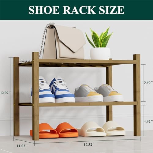 Smiry Bamboo Shoe Rack, 8 Vertical Slats, 2 Tier - 17.3" Wide, Walnut - Image 2