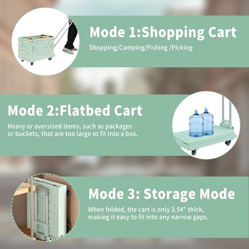 VECELO Foldable Shopping Cart with Wheels, Collapsible Rolling Crate for Groceries, Folding Storage Box with Handle, Three Modes of Use, Ideal for Teacher, Trip, Outdoors, Etc., 23GAL, Green - Image 3