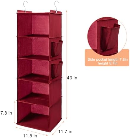 BOOMIBOO Hanging Closet Organize and Shelves,5-Hanging Shelf（Red） | with 2 Side Pockets，Storage Foldable - Image 3