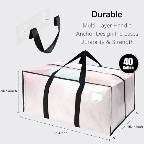 6 Pack Heavy Duty Extra Large Moving Bags W/Backpack Straps - Strong Handles & Zippers, Storage Totes For Space Saving, Fold Flat, Alternative to Box and Bin (40 gal, Semi-Transparent) - Image 2
