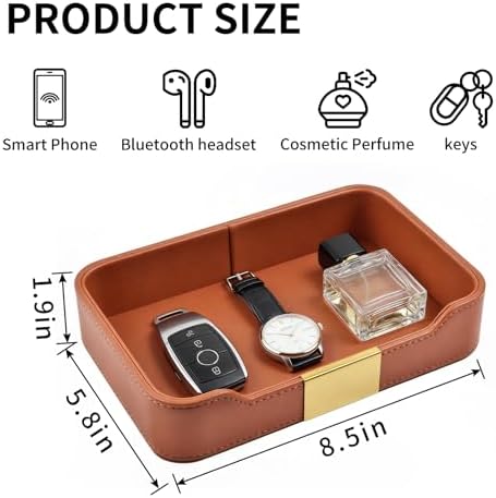 Luxury Leather Valet Tray Desktop Storage Organizer,Bedside Vanity Catchall Tray Nightstand Caddy Holder for Cosmetic,Jewelry,Watch,Keys,Phone,Wallet,Remote Controller,Pen,Orange - Image 3