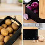 Kitchen Vegetable Storage Set of 3, Metal Onion Garlic Potato Storage Set, Kitchen Canisters Vegetable Keeper Containers with Aerating Holes and Bamboo Lid,Embossed Black - Image 6