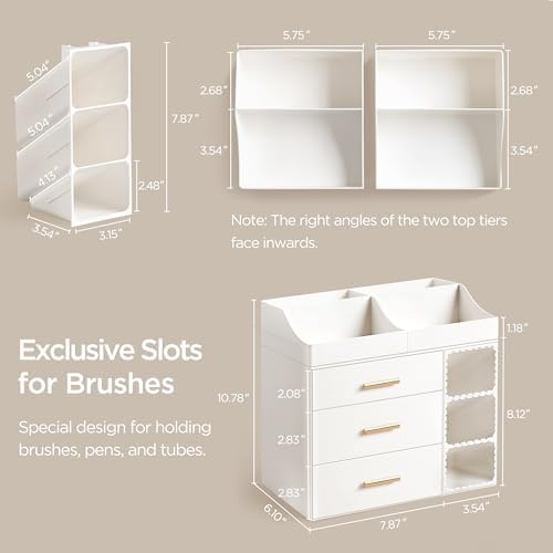 HBlife Makeup Organizer Countertop with Brush Holder,Large Bathroom Counter Organizer with Drawers,Skincare Organizers for Vanity,Plastic Dresser Organizer Storage Gift for Women Girl Mom,All White - Image 3