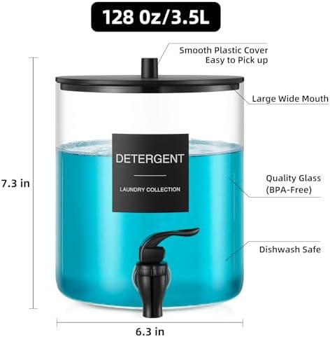 Glass Laundry Detergent Dispenser, 128 oz / 3.5L Fabric Softener Dispenser for Laundry Room Organization, Detergent Holder with Plastic Spigot (Black, 2 Pack) - Image 4