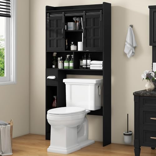 Halitaa Over The Toilet Storage Cabinet with Sliding Doors,Pure Black by Halitaa
