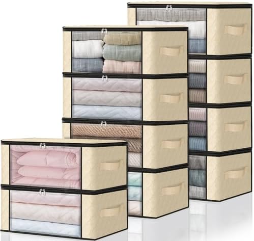 HomeHacks 10-Pack Clothes Organizer Storage Bags, 35L Storage Bins, Beige | Foldable Storage Box Container with Zippers, Clear Window, Reinforced Handles for Closet, Dorm, Pillows, Bedding, Sweater by HomeHacks