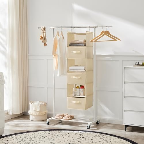 MAX Houser 6 Tier Shelf Hanging Closet Organizer, Closet Hanging Shelf with 2 Sturdy Hooks for Storage, Foldable (Beige-D3) | foldable lightweight fabric space-saving design for Bedroom, Closet Hanging Shelf for Storage with Removable Drawers - Image 4