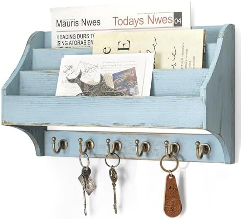 Rebee Vision Mail Organizer Wall Mounted with 6 Key Hooks for Home, Blue by REBEEVISION