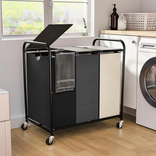 180L Laundry Sorter 3 Section, Rolling Laundry Basket with Wheels and Lid by OLLDIDE