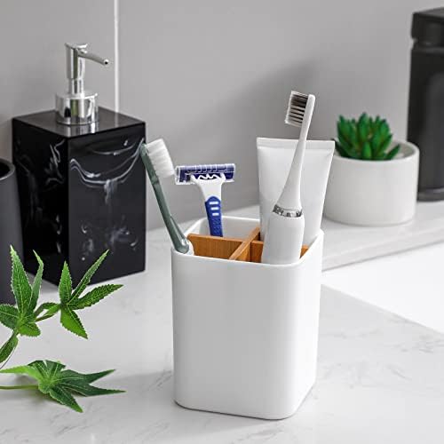 Bamboo Toothbrush Holder for Bathrooms Toothpaste Organizer - White - Image 3