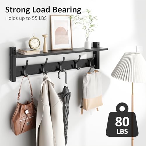 Optish Coat Rack Wall Mount with Shelf, 24 Inch Coat Hanger Walls Mounted, Hat Rack for Walls, Shelf with 5 Coat Hooks, Wall Hanger for Entryway (Black) - Image 2