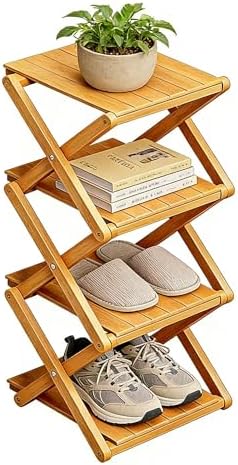 Bamboo Shoe Rack - No Assembly Required, Tall Narrow Foldable Shoe Organizer, Space-Saving Multifunctional Shelf for Entryways, Corners, Bedrooms, Balconies, 4 Layer(Reinforced and Thickened) by XZXWZX