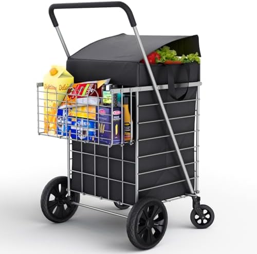 Our Modern Space Shopping Cart w/Waterproof Basket Liner & 360° Swivel Wheels | Foldable Collapsible & Lightweight | Perfect for Groceries Laundry Utility Cart - Silver by OurModernSpace