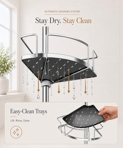 ALLZONE Corner Shower Caddy Tension Pole, 4 Hang-On Basket with Mixed-Height Shelves for Various Bottle Sizes, Extra Hooks & Soap Holder, Rustproof Stainless Steel, Fits 34–116 Inch, Silver/Dark Gray - Image 4