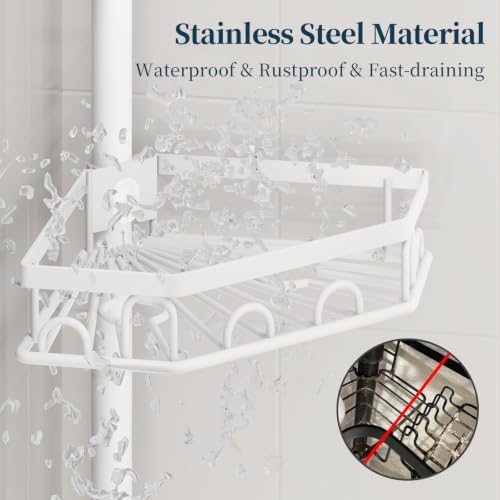 Consumest Shower Caddy Tension Pole - 4 Tier Corner Shower Shelves with Brush & Soap Holder, 304 Stainless Steel Rustproof Adjustable Organizer Rack for Bathtub, Bathroom, 27.6-108.3 Inch, White - Image 4