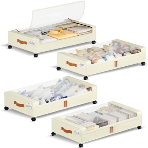 Yecaye 60L Under Bed Storage with Wheels, 4 Pack, Beige | 360° Rolling Wheels, Clear Lids & Label, Reinforced Handle, Rolling Metal Drawers for Clothes, Blankets, Shoes in Bedroom by Yecaye