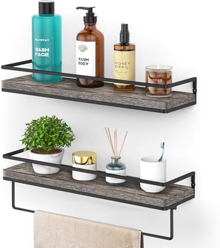 Meangood Floating Shelves Wall Mounted Set of 2, Wall Shelf with Towel Bar Rustic Wood Wall Storage Shelves for Bedroom,Living Room,Bathroom, Kitchen Pine by Meangood