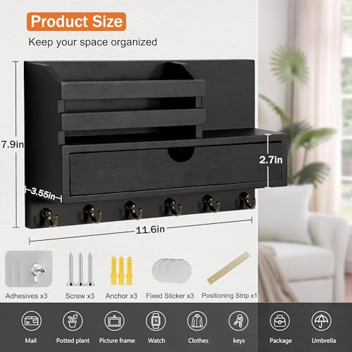 dreampossible Key and Mail Holder for Wall, Mail Organizer Wall Mount with 6 Hooks and Storage Drawer, Wooden Key Rack Hanger with Shelf for Entryway and Home Decor - Image 6