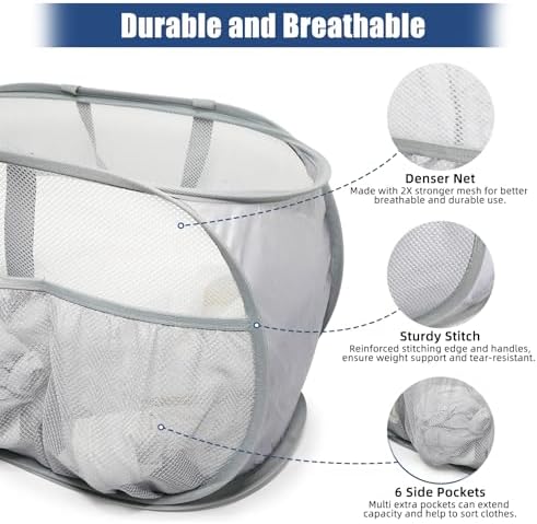 Collapsible Laundry Baskets, Upgrade Pop Up Laundry Hamper with Convenient Bags, Foldable Laundry Basket Mesh Light Weight, Easy to Carry Clothes Hampers for Laundry, Dorm, Toys, Travel Grey - Image 5
