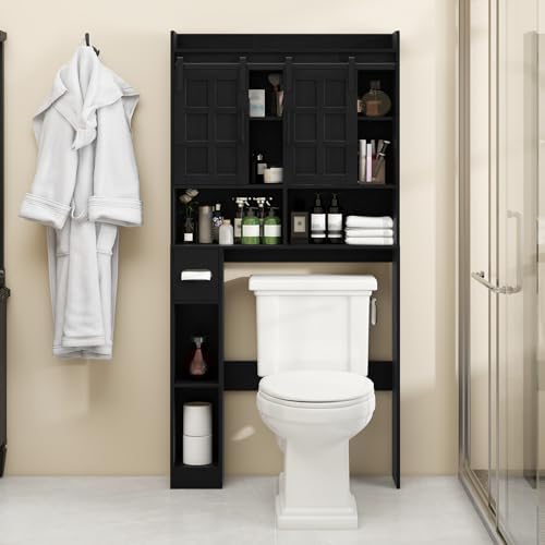Halitaa Over The Toilet Storage Cabinet with Sliding Doors,Pure Black - Image 7