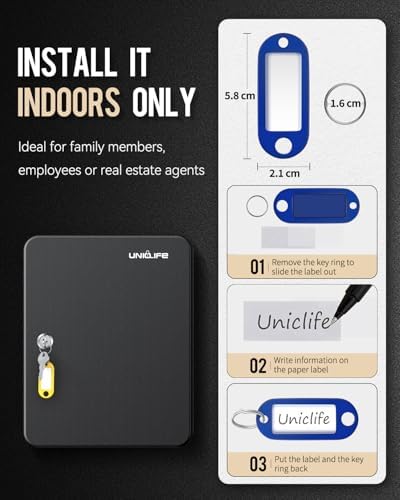 Uniclife 60 Position Key Cabinet with Key Lock Wall Mounted Black Security Storage Box Steel Key Organizer with Colorful Key Tag Labels Stickers and Hooks - Image 7