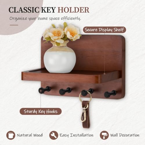 Nekon Key Holder for Wall with Shelf, Pine Wooden Key Hanger, Brown - Image 2