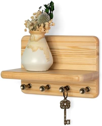 Rebee Vision Key Holder Wall Mount with 4 Hooks for Entryway, Natural Wood by REBEEVISION