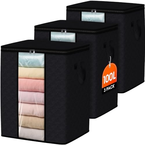 SpaceWhisper 3 Pack 100L Clothes Storage, Foldable Storage Bags, Black | Thick Fabric, Clear Window, with Reinforced Handle, for Clothing, Blanket, Comforters, Bedding Organizing by Unknown