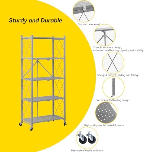 BRIAN & DANY 5-Tier Foldable Storage Shelves with Wheels, Folding Metal Rack Shelving Unit, Heavy Duty No Assembly Organizer Shelf for Garage, Kitchen, Basement, Pantry, Gray - Image 6